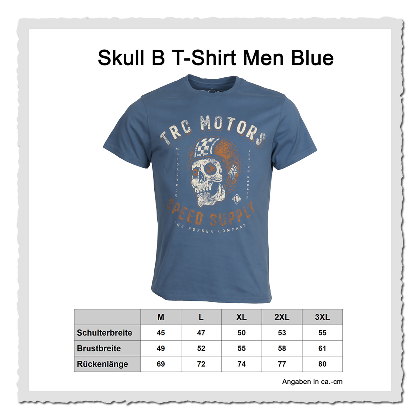 Produktgrafik: blaues T-Shirt mit Maßtabelle darunter, freigestellt vor weißem Hintergrund.